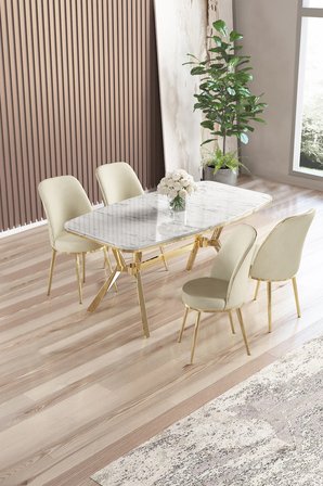 Lena Serisi 90x160 Lak Panel Beyaz Mermer Desen Gold Kaplama Ayaklı Masa Takımı ve 4 Krem Sandalye