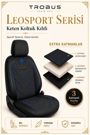 Audi A4 Sedan 2001 Sonrası Uyumlu LeoSport Serisi Siyah Mavi Ortopedik Keten Koltuk Kılıfı
