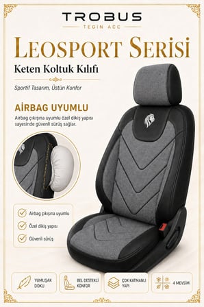 Citroen C4 2020 Sonrası Uyumlu LeoSport Serisi Gri Siyah Ortopedik Keten Koltuk Kılıfı