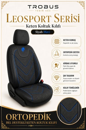 Dacia Jogger 2022 Sonrası Uyumlu LeoSport Serisi Siyah Mavi Ortopedik Keten Koltuk Kılıfı
