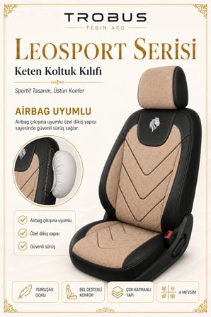 Honda Civic FC5 2016-2021 Uyumlu LeoSport Serisi Bej Siyah Ortopedik Keten Koltuk Kılıfı