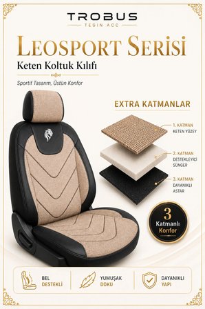 Opel Vectra 2002-2009 Uyumlu LeoSport Serisi Bej Siyah Ortopedik Keten Koltuk Kılıfı