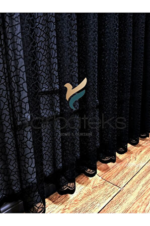 Siyah Leopar Desen Desen Modern 2Kat Pileli Tül Perde