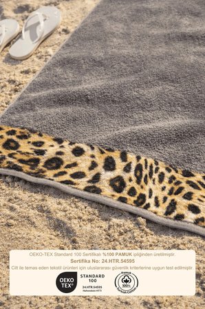 Leopar Plaj Havlusu %100 Pamuk Sertifikalı Deniz & Havuz Havlu Kahverengi 70x140cm