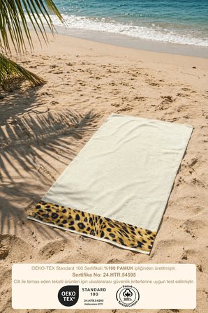 Leopar Plaj Havlusu %100 Pamuk Sertifikalı Deniz & Havuz Havlu Krem 70x140cm