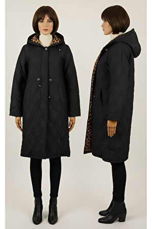 KAPŞONLU LEOPAR GARNİLİ UZUN MONT