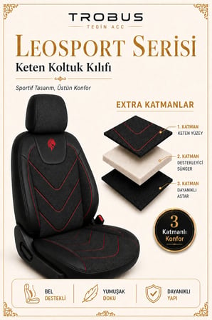 Skoda Octavia 2004 Sonrası Uyumlu LeoSport Serisi Siyah Kırmızı Ortopedik Keten Koltuk Kılıfı