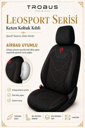 Toyota Camry 2012 Sonrası Uyumlu LeoSport Serisi Siyah Kırmızı Ortopedik Keten Koltuk Kılıfı