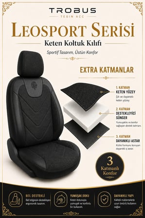 Toyota Camry 2002 Sonrası Uyumlu LeoSport Serisi Siyah Ortopedik Keten Koltuk Kılıfı