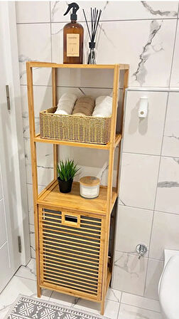 3 Raflı Bambu Kirli Sepeti, Banyo Düzenleyici, Raflı Çamaşır Sepeti Organizer