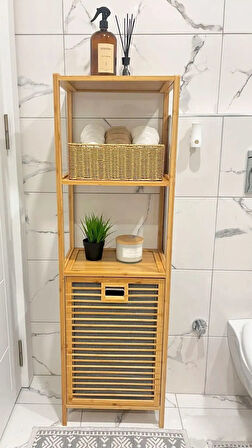 3 Raflı Bambu Kirli Sepeti, Banyo Düzenleyici, Raflı Çamaşır Sepeti Organizer