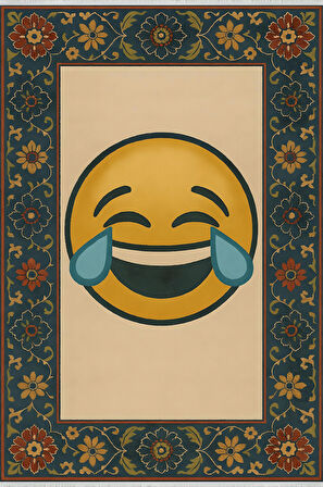 Emoji Desenli Retro Halı – Gülme İfadesi, Kaymaz Taban, Yıkanabilir, Bebek Dostu