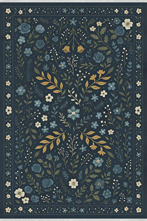 Lacivert Çiçek Desenli Halı – Modern Vintage Tarz | Kaymaz, Yıkanabilir, Evcil & Bebek Dostu