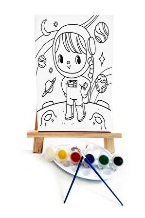 Minik Astronot Çocuk Ressam Seti - 20 x 30 cm Önçizimli Tuval, 2 Adt Fırça, Palet, Boyalar ve Şövale