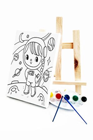 Minik Astronot Çocuk Ressam Seti - 20 x 30 cm Önçizimli Tuval, 2 Adt Fırça, Palet, Boyalar ve Şövale