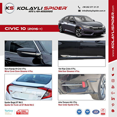 Honda Civic 10 Reflektör Çıtası 2 Prç Krom 2016 ve Sonrası