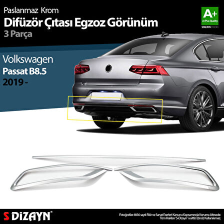 S-Dizayn VW Passat B8.5 Krom Egzoz Görünümü Difüzör Çıtası 3 Parça 2019-2023