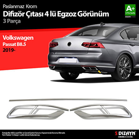 S-Dizayn VW Passat B8.5 Krom Egzoz Görünümü Difüzör 4'lü R Line 3 Parça 2019-2023