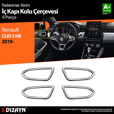 S-Dizayn Renault Clio 5 Krom İç Kapı Kolu Çerçevesi 4 Prç. 2019 Üzeri