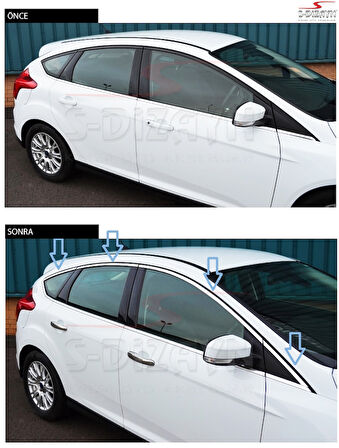 S-Dizayn Ford Focus 3 HB Krom Cam Üst Çıtası 8 Prç 2011-2018