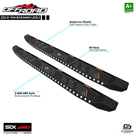 S-Dizayn SDX 4WD Off Road Nissan Navara 2 Çelik Yan Basamak 205 Cm Ledli V1 2005-2015 A+ Kalite