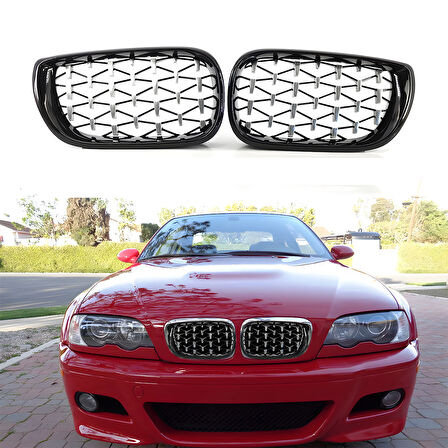 S-Dizayn Bmw 3 Serisi E46 Ön Panjur Böbrek Parlak Siyah Çerçeveli Krom Diamond Model 2002-2005