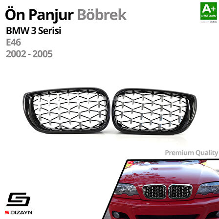 S-Dizayn Bmw 3 Serisi E46 Ön Panjur Böbrek Parlak Siyah Çerçeveli Krom Diamond Model 2002-2005