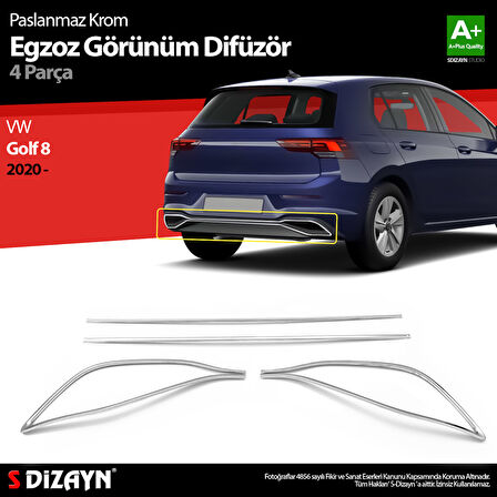 S-Dizayn VW Golf 8 Krom Egzoz Görünümü Difüzör 4 Prç. 2020-2024