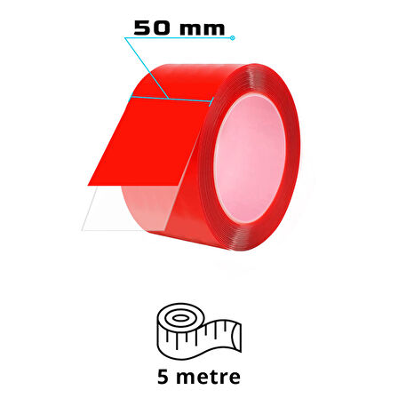 S-Dizayn Çift Taraflı Bant 50mm x 5 Metre Şeffaf Silikon VHB Bant 12'li Koli A+Kalite