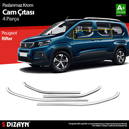 S-Dizayn Peugeot Rifter Krom Cam Çıtası 4 Prç. 2019 Üzeri A+ Kalite