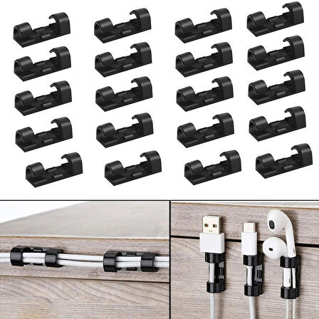 Microcase Yapışkanlı Kablo Sabitleyici Düzenleyici Çok Amaçlı Kablo Toparlayıcı Klips Set - SİYAH AL4551 20 Adet