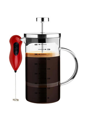 French Press Demlik Ölçü Kabı 3in1 Ürün Borosilikat Cam Frenchpress 300ml Ve Süt Kahve Köpürtücü