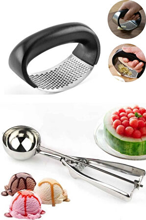Metal Dondurma Kaşığı + Metal Kollu Sarımsak Ezici Rende