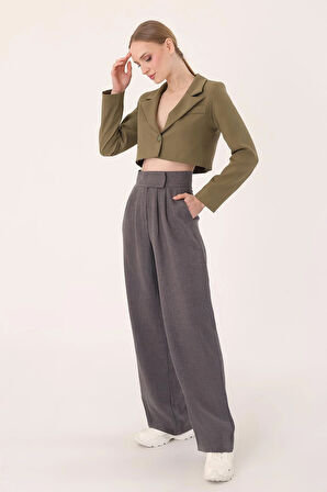Kadın Antrasit Cırtlı Keten Palazzo Pantolon