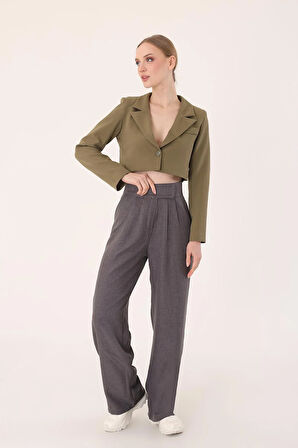 Kadın Antrasit Cırtlı Keten Palazzo Pantolon