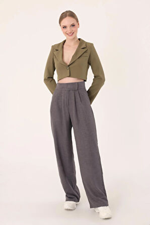 Kadın Antrasit Cırtlı Keten Palazzo Pantolon