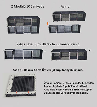 60cm X 240cm Yükseklik 120cm Kedi, Tabanı Dolu Üstü Kapalı 2 Katlı Çit - Kafes