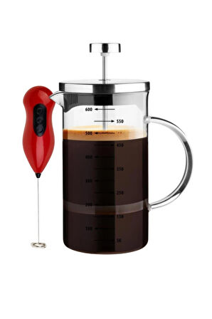 French Press Demlik Ölçü Kabı 3in1 Ürün Borosilikat Cam Frenchpress 600 ml ve Süt Kahve Köpürtücü