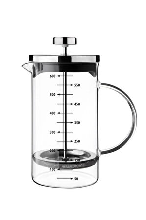 French Press Demlik Ölçü Kabı 3in1 Ürün Borosilikat Cam Frenchpress 600 ml ve Süt Kahve Köpürtücü