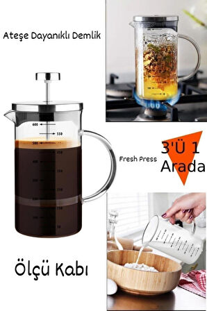 French Press Demlik Ölçü Kabı 3in1 Ürün Borosilikat Cam Frenchpress 600 ml