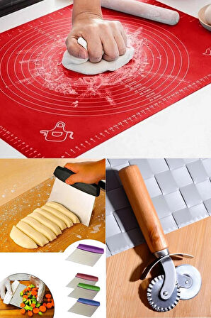 Silikon Hamur Açma Matı(40x50) + Hamur Spatulası + Pizza Hamur Kesme Aleti Seti