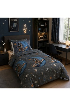 Astronot Uzay Desenli Tek Kişilik Nevresim 160x220, Lastikli Çarşaflı 100x200, Genç&Çocuk Nevresim Takımı