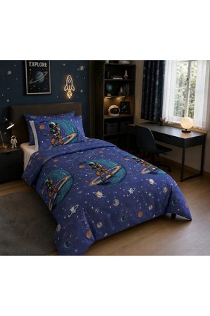 Astronot Uzay Desenli Tek Kişilik Nevresim 160x220, Lastikli Çarşaflı 120x200, Genç&Çocuk Nevresim Takımı