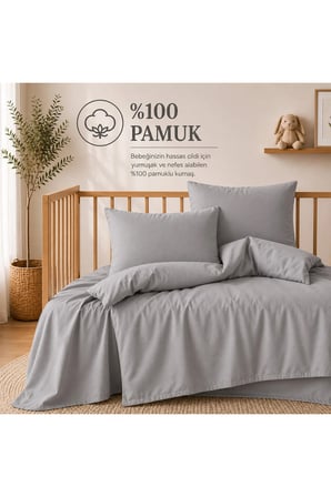 %100 Pamuklu Sertifikalı Bebek Nevresim Takımı 100x150 – Gri | 63 Tel Dokuma | Kutulu Gönderim