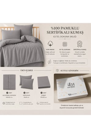 %100 Pamuklu Sertifikalı Bebek Nevresim Takımı 100x150 – Gri | 63 Tel Dokuma | Kutulu Gönderim