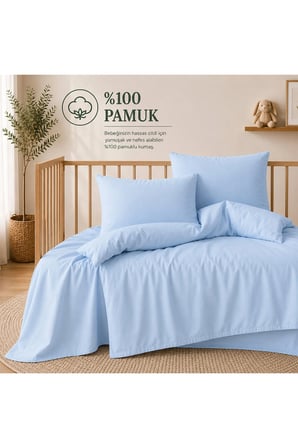 %100 Pamuklu Sertifikalı Bebek Nevresim Takımı 100x150 – Mavi | 63 Tel Dokuma | Kutulu Gönderim