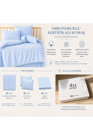 %100 Pamuklu Sertifikalı Bebek Nevresim Takımı 100x150 – Mavi | 63 Tel Dokuma | Kutulu Gönderim
