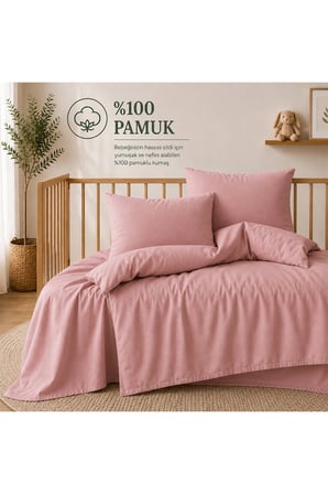 %100 Pamuklu Sertifikalı Bebek Nevresim Takımı 100x150 – Gül Kurusu | 63 Tel Dokuma | Kutulu Gönderim