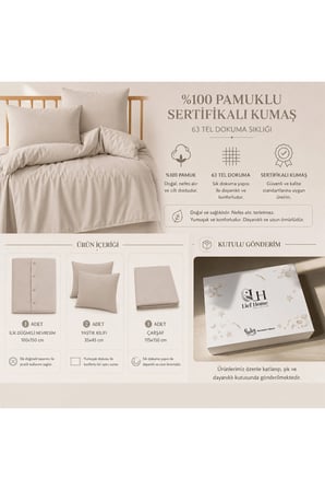 %100 Pamuklu Sertifikalı Bebek Nevresim Takımı 100x150 – Taş | 63 Tel Dokuma | Kutulu Gönderim