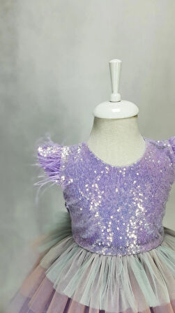 Kız Çocuk Lila Pullu Hayal Unicorn Elbise